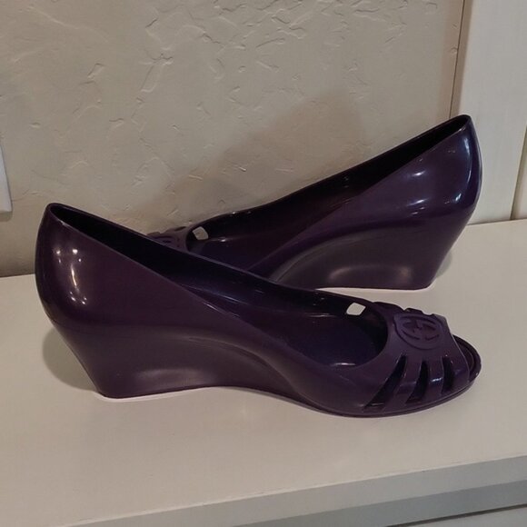 Gucci Interlocking G Logo Rubber Pumps Wedge Rubber Purple Open Toe Size 38 - Picture 5 of 14